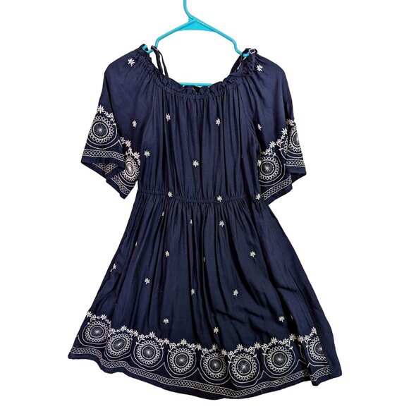 World Market Dresses & Skirts - World Market Women size S/M Embroidered Gauzy Beachy Navy Dress Off Shoulder